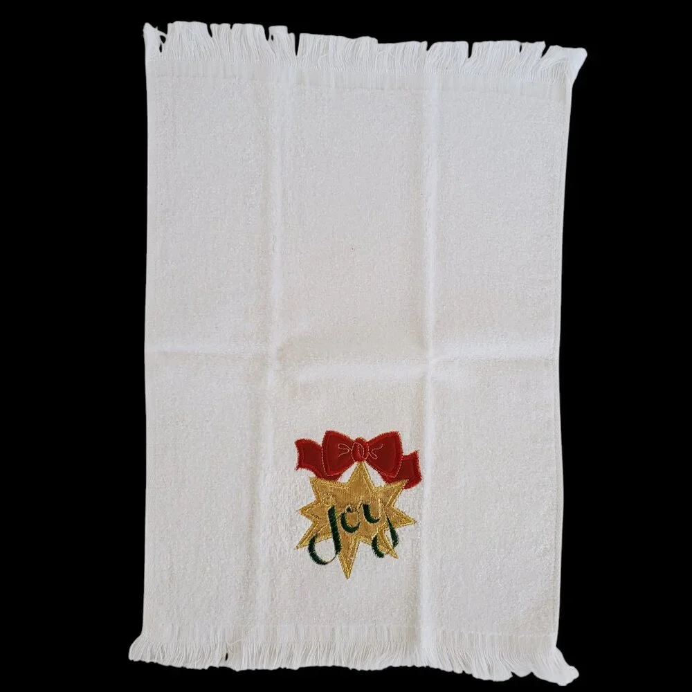 Christmas Holiday 4 Fingertip Guest Towels Applique Poinsettia Star White Cream